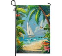 Bandiera da giardino tropicale con barca a vela, con foglie di palma blu oceano, bandiere da cortile a farfalla, doppia faccia, decorazione estiva per la casa all'aperto, decorazione per prato 30,5 x