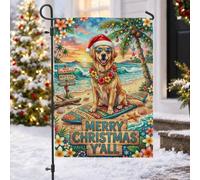 Bandiera da giardino tropicale con cane da surf Golden Retriever, 30,5 x | Scena tropicale sulla spiaggia, bandiera del cortile, tavola da surf, cappello di Babbo Natale, Lei floreale