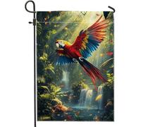 Bandiera da giardino tropicale con pappagallo, decorazione per esterni, in iuta su entrambi i lati, per feste estive in giardino, decorazione per prato in stile botanico, 30,5 x 45,7 cm