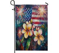 Bandiera da giardino tropicale patriottica, fiori di plumeria gialli, fuochi d'artificio per vacanze, decorazione per esterni, decorazione su entrambi i lati, per feste, prato, 71 x 101 cm