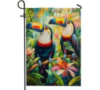 Bandiera da giardino tropicale tucano, uccelli colorati floreali per esterni, striscione su entrambi i lati per la decorazione estiva della casa, cartello da giardino con natura vibrante 30,5 x 45,7