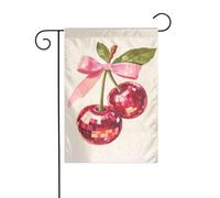 Bandiera da giardino verticale bifacciale "Due ciliegie con nastro rosa annodato a fiocco", 12x18, decorazione per esterni per le vacanze in stile fattoria.