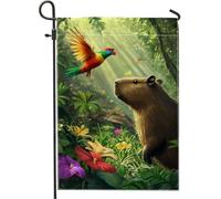 Bandiera da giardino vibrante Capibara e pappagallo decorazione all'aperto con scena naturale tropicale bandiera decorativa doppia faccia per la decorazione del prato estivo 12 x 18 pollici