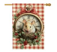 Bandiera da giardino vintage a scacchi rossi, simpatico topo nidificante con orologio, striscione decorativo per la casa, bandiera in iuta su entrambi i lati, decorazione per esterni per vacanze e