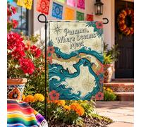 Bandiera da giardino vintage a tema viaggio tropicale con mappa di Panama | Design con mappa di Panama, bandiera del cortile, fiori di ibisco, onde dell'oceano, bussola nautica, tema tropicale