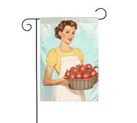 Bandiera da giardino vintage anni '60 con donna che tiene pomodori, 12x18, verticale, bifacciale, decorazione per esterni per le feste in stile fattoria.