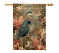 Bandiera da giardino vintage con airone floreale, uccello verde blu primavera estate decorazione per esterni, striscione artistico da cortile in iuta su entrambi i lati per prato festa di vacanza 71 x
