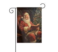 Bandiera da giardino vintage con Babbo Natale che legge sulla sua sedia, 30 x 45 cm, verticale, double face, decorazione per casa colonica