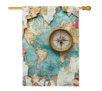 Bandiera da giardino vintage con bussola e mappa del mondo - Banner per decorazione nautica in tessuto double face per esterni estivi, 71 x 101 cm