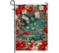 Bandiera da giardino vintage con camion blu, decorazione per esterni, motivo floreale rosso con stelle e strisce, striscione per le vacanze in iuta su entrambi i lati, per l'estate, decorazione per il