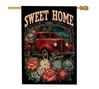 Bandiera da giardino vintage con camion rosso, decorazioni floreali per la primavera e l'estate, decorazione per la casa, striscione su entrambi i lati per la decorazione del prato esterno 71 x 101 cm