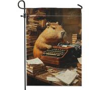 Bandiera da giardino vintage con capibara che scrive con una macchina da scrivere, decorazione per ufficio con animali marroni per esterni, bandiera in iuta a doppia faccia per giardino, striscione p