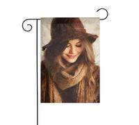Bandiera da giardino vintage con cappello marrone bella donna 30 x 45 cm verticale su entrambi i lati casa colonica vacanze decorazioni esterne bandiera cortile