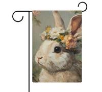 Bandiera da giardino vintage con coniglietto carino con una ghirlanda di fiori bandiera stagionale vacanza iuta doppia faccia casa cortile bandiere esterne 30,5 x 45,7 cm