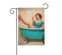 Bandiera da giardino vintage con donna sdraiata in una vasca da bagno ciano, 30 x 45 cm, verticale su entrambi i lati, decorazione per casa colonica