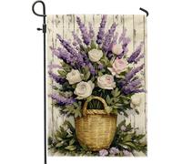 Bandiera da giardino vintage con fiori di lavanda, cesto di fiori viola, decorazione per esterni, bandiera su entrambi i lati in iuta per la decorazione della casa primaverile 30,5 x 45,7 cm