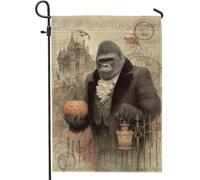 Bandiera da giardino vintage con gorilla di Halloween, zucca marrone e lanterna, striscione decorativo per la casa, bandiera da cortile in iuta su entrambi i lati, per decorazione esterna del prato