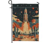 Bandiera da giardino vintage con lancio di razzi, bandiera retrò rossa e verde a tema spazio, decorazione su entrambi i lati per feste estive e festival, 30,5 x 45,7 cm