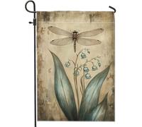 Bandiera da giardino vintage con libellula e mughetto, decorazione floreale antica per la primavera all'aperto, bandiera da giardino su entrambi i lati, 30,5 x 45,7 cm