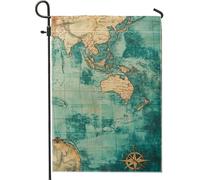 Bandiera da giardino vintage con mappa del mondo, decorazione nautica da giardino, decorazione da giardino su entrambi i lati, per gli appassionati di viaggi, decorazione per la casa delle vacanze