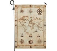 Bandiera da giardino vintage con mappa del mondo, marrone antico, decorazione nautica per la casa, bandiera su entrambi i lati per la decorazione del prato esterno 30,5 x 45,7 cm