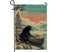 Bandiera da giardino vintage con orso in canoa, decorazione nera per esterni per l'estate, striscione bifacciale in stile rustico naturale, decorazione per prato per gli amanti della fauna selvatica
