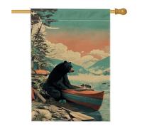 Bandiera da giardino vintage con orso in canoa, decorazione per esterni nera per l'estate, striscione bifacciale in stile rustico naturale, decorazione per prato per gli amanti della fauna selvatica