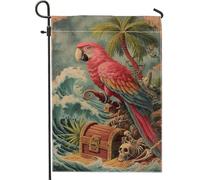 Bandiera da giardino vintage con pappagallo, bandiera tropicale da spiaggia, bandiera su entrambi i lati per cortile in iuta per la decorazione estiva all'aperto del prato 30,5 x 45,7 cm