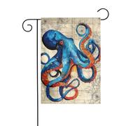 Bandiera da giardino vintage con polpo blu su vecchia mappa, 30 x 45 cm, verticale, double face, decorazione per casa colonica, vacanze, esterni, bandiera da cortile