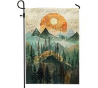 Bandiera da giardino vintage con tramonto sulla foresta, arancione sole montagna paesaggio decorazione per la casa, rustica natura all'aperto doppia bandiera da cortile in iuta stagionale decorazione