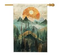 Bandiera da giardino vintage con tramonto sulla foresta, arancione sole montagna paesaggio decorazione per la casa, rustica natura all'aperto doppia faccia bandiera da cortile in iuta stagionale