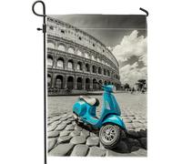 Bandiera da giardino vintage con vespa scooter, blu brillante, bandiera decorativa per esterni, stile classico italiano, decorazione per la casa, ideale per prato o patio, 30,5 x 45,7 cm