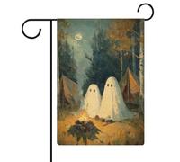 Bandiera da giardino vintage fantasmi campeggio nel bosco vacanze stagionali juta doppia faccia casa cortile bandiere esterne 30,5 x 45,7 cm