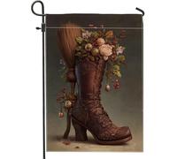 Bandiera da giardino vintage marrone con stivali, decorazione floreale con fiori e scopa, striscione in iuta su entrambi i lati per la decorazione autunnale per esterni, 30,5 x 45,7 cm