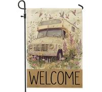 Bandiera da giardino vintage primaverile estate camper, bandiera floreale con uccelli benvenuti all'aperto decorazione per la casa, bandiera da cortile in iuta su entrambi i lati, per feste, vacanze