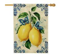 Bandiera da giardino vintage primaverile estate con limone e farfalla, foglie floreali gialle blu decorative su entrambi i lati, per esterni, cortile, prato, decorazione per patio, 71 x 101 cm