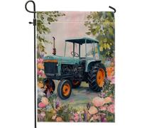 Bandiera da giardino vintage retrò con trattore, striscione floreale blu e arancione, decorazione per la casa all'aperto, decorazione per la casa all'aperto su entrambi i lati, 30,5 x 45,7 cm