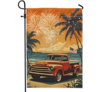 Bandiera da giardino vintage rossa con camioncino patriottico, decorazione per la casa, decorazione estiva su entrambi i lati, per feste dell'indipendenza, atmosfera tropicale, decorazione per esterni