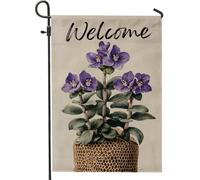 Bandiera da giardino viola africana viola benvenuto, bandiera floreale primaverile estate decorazione per la casa, bandiera da giardino in iuta su entrambi i lati, decorazione per prato esterno 30,5 x