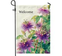 Bandiera da giardino viola con fiore della passione, striscione floreale primaverile estivo decorativo per esterni, bandiera da cortile su entrambi i lati per casa, feste di vacanza, decorazione per