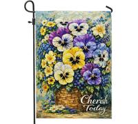 Bandiera da giardino viola del pensiero, cestino floreale colorato farfalla primavera gialla juta decorativa su entrambi i lati bandiere esterne per esterni, portico, prato, patio, terrazza, 30,5 x