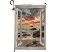 Bandiera da giardino vista sull'oceano, decorazione costiera esterna, tela di iuta double face, decorazione prato da spiaggia, bandiera estiva per la casa, arte rilassante della costa 12x18