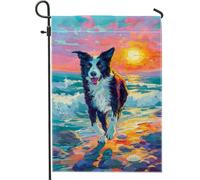Bandiera da giardino vivace Border Collie, cane colorato che corre sulla spiaggia, decorazione per la casa, bandiera in iuta su entrambi i lati per la decorazione estiva all'aperto 30,5 x 45,7 cm