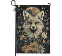 Bandiera da giardino volpe floreale autunnale, volpe grigia e fiori dorati, decorazione esterna, bandiera artistica double face per decorazione prato autunnale, accenti stagionali per la casa