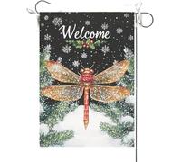 Bandiera Da Giardino Welcome Dragonflys Hello Winter Animal Snowflakes Are Falling Bandiere Decorative Antivento Bandiera Da Cortile Colore Vivido Garden Flag Per Festival Feste Esterno 30X45CM