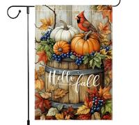 Bandiera Da Giardino Welcome Fall Cardinal, Autumn Pumpkin Harvest Wooden Barrel,Maple Farmhouse Thanksgiving Bandiere Decorative Garden Flag Durevole Bandiera Da Cortile Per 30X45CM