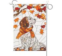 Bandiera Da Giardino Welcome Fall Cavalier King Charles Spaniel Stained Glass Style Maple Leaves Fall Thanksgiving Bandiere Decorative Bandiera Da Cortile Durevole Garden Flag Per 30X45CM
