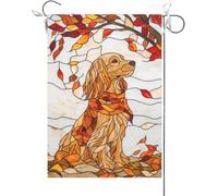 Bandiera Da Giardino Welcome Fall Cocker Spaniel Stained Glass Style Maple Leaves Fall Thanksgiving Bandiera Da Cortile Durevole Bandiere Decorative Colore Vivido Bandiera Verticale Per 30X45CM