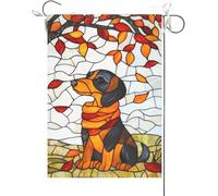 Bandiera Da Giardino Welcome Fall Dachshund Stained Glass Style Maple Leaves Fall Thanksgiving Bandiera Verticale Colore Vivido Bandiere Decorative Durevole Garden Flag Per Esterno 30X45CM