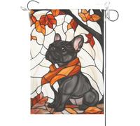 Bandiera Da Giardino Welcome Fall French Bulldog Stained Glass Style Maple Leaves Fall Thanksgiving Bandiera Verticale Colore Vivido Garden Flag Durevole Bandiera Da Cortile Per Feste 30X45CM